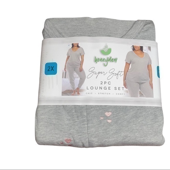 Honeydew Ladies Embroidered Lounge Set - Gray with Pink Hearts - Size 2X - Picture 3 of 6